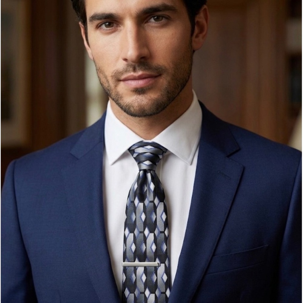 Ziggurat Longs Mens‎ Silk Tie Geometric Diamond Art Deco Black Silver Blue Extra